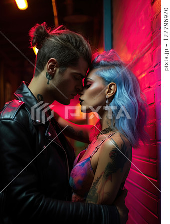 Couple kissing in the alley under neon lights. 1980s retro style. Generative Ai Couple kissing in the alley under neon lights. 1980s retro style. Generative Ai 122796920