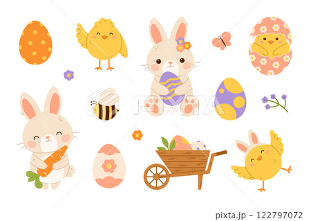 Easter decoration set. Easter bunny, chicks and eggs. Flat vector isolated illustration Easter decoration set. Easter bunny, chicks and eggs. Flat vector isolated illustration 122797072