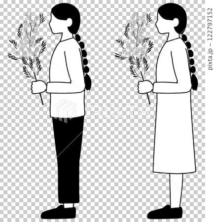 一位手持含羞草酒的女士的全身黑白插圖 一位手持含羞草酒的女士的全身黑白插圖 122797152