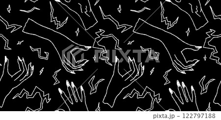 Black and White Seamless Vector Pattern with Abstract Hand Drawn Magical Hands and Geometric Shapes 122797188
