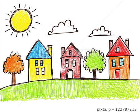 Hand drawn houses on the meadow. A child's colorful drawing on a white paper. The drawing is simplistic and charming kids style 122797215