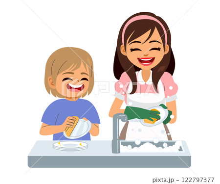 Son And Mother Washing Dishes Domestic Life Concept Vector Illustration 122797377