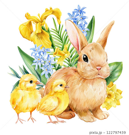 lovely bunny with yellow irises and blue hyacinths, watercolor easter rabbit with flowers and chicks for greeting card lovely bunny with yellow irises and blue hyacinths, watercolor easter rabbit with flowers and chicks for greeting card 122797439