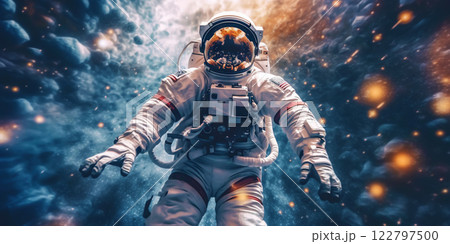 Portrait of astronaut floating in space with a asteroids, space rocks, burning sparks on backdrop. Generative AI 122797500