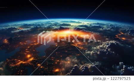 Panoramic view on planet Earth globe from space. Glowing city lights, light clouds. Generative AI  122797525