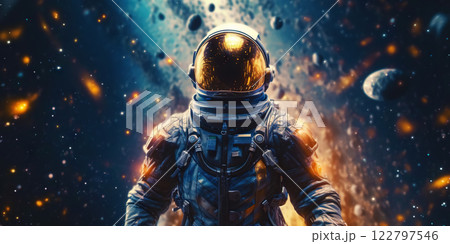 Portrait of astronaut floating in space with a asteroids, space rocks, burning sparks on backdrop. Generative AI 122797546