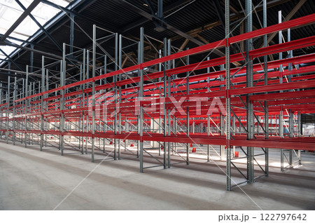 Warehouse with empty high pallet racks, shelving system Warehouse with empty high pallet racks, shelving system 122797642