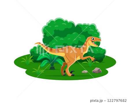 Cartoon dinosaur Velociraptor or prehistoric lizard in Jurassic park forest, vector dino character. Prehistoric funny dinosaur lizard of Velociraptor species for kids dino world or paleontology atlas 122797682