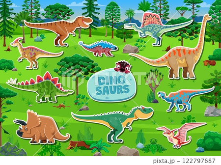 Prehistoric dinosaurs cartoon characters stickers pack. Jurassic tyrannosaur spinosaurus, parasaurolophus and ankylosaurus, brachiosaurus, stegosaurus, triceratops dinosaurs vector personages stickers Prehistoric dinosaurs cartoon characters stickers pack. Jurassic tyrannosaur spinosaurus, parasaurolophus and ankylosaurus, brachiosaurus, stegosaurus, triceratops dinosaurs vector personages stickers 122797687