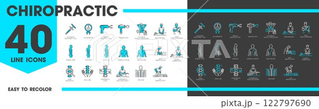 Chiropractic medicine line icons of chiropractor therapy and body massage, vector pictograms. Chiropractic medical icons of spine electrical muscle stimulation and massage gun for posture diagnosis Chiropractic medicine line icons of chiropractor therapy and body massage, vector pictograms. Chiropractic medical icons of spine electrical muscle stimulation and massage gun for posture diagnosis 122797690