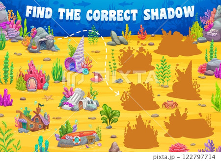 Kids game worksheet, find the correct shadow of fairytale underwater house buildings. picture shadow finding game, shape compare vector quiz or puzzle with sea shell, sunken boat and castle houses 122797714
