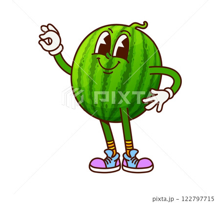 Groovy cartoon watermelon cute character showing OK gesture. Summer food dessert vector cute funky character, delicious ripe fruit cheerful personage. Fresh and juicy watermelon happy smiling mascot Groovy cartoon watermelon cute character showing OK gesture. Summer food dessert vector cute funky character, delicious ripe fruit cheerful personage. Fresh and juicy watermelon happy smiling mascot 122797715