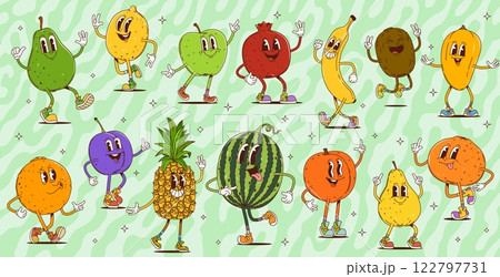 Cartoon retro groovy fruit and berry food characters. Vector cute psychedelic mango, apple, orange and watermelon personages. Groovy hippie lemon, banana, pineapple, peach and kiwi fruit characters Cartoon retro groovy fruit and berry food characters. Vector cute psychedelic mango, apple, orange and watermelon personages. Groovy hippie lemon, banana, pineapple, peach and kiwi fruit characters 122797731