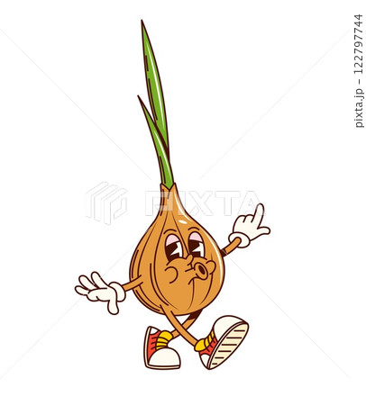 Groovy retro onion vegetable funny character. Farming market organic veggie retro funky isolated vector character, vegetarian food healthy onion vegetable funny groovy personage walking and whistling 122797744