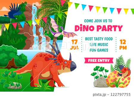 Kids party flyer with funny prehistoric dinosaurs characters and bunting flags. Dino party vector banner with cartoon dinosaur animals and baby in egg. Cute styracosaurus, pteranodon, argentavis dinos Kids party flyer with funny prehistoric dinosaurs characters and bunting flags. Dino party vector banner with cartoon dinosaur animals and baby in egg. Cute styracosaurus, pteranodon, argentavis dinos 122797755