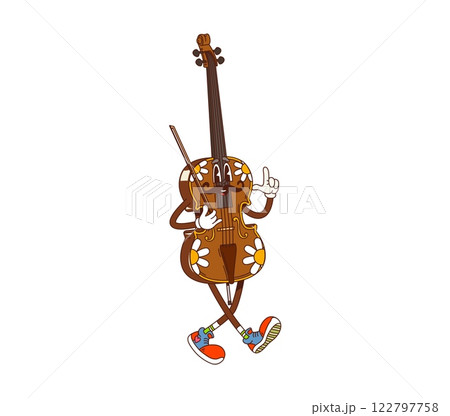 Cartoon groovy contrabass, double bass musical instrument character with smiling mustached face and bow in hand playing classic music. Vector musician equipment personage ready for orchestra concert 122797758
