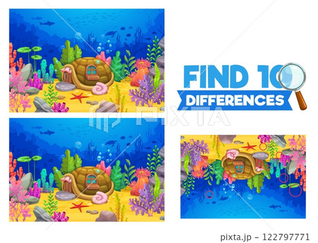 Find ten differences at underwater landscape with turtle house. Difference spotting playing activity, compare quiz, kids riddle vector worksheet with turtle shell dwelling in fantasy underwater world 122797771