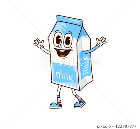 Groovy breakfast milk pack character. Isolated cartoon vector cheerful, smiling, happy dairy product retro personage with expressive face. Healthy drink carton box in a joyful funky welcoming pose Groovy breakfast milk pack character. Isolated cartoon vector cheerful, smiling, happy dairy product retro personage with expressive face. Healthy drink carton box in a joyful funky welcoming pose 122797777