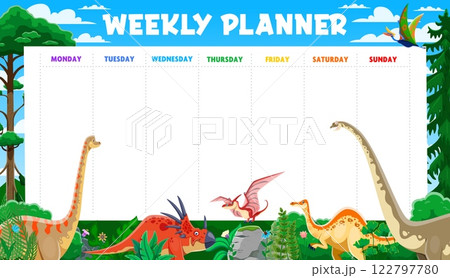 Weekly planner schedule with prehistoric dinosaurs. Kids education vector weekly planner with brachiosaurus, styracosaurus, pteranodon and deinocheirus, omeisaurus, quetzalcoatlus cartoon dinosaurs Weekly planner schedule with prehistoric dinosaurs. Kids education vector weekly planner with brachiosaurus, styracosaurus, pteranodon and deinocheirus, omeisaurus, quetzalcoatlus cartoon dinosaurs 122797780