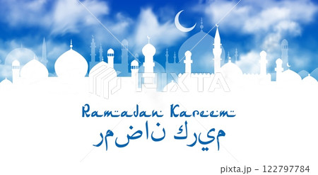 Ramadan Kareem greetings with Muslim mosque silhouette in white clouds, vector banner. Ramadan Kareem Muslim holiday greeting in Arabic letters text with mosque or Arabian city and crescent in sky Ramadan Kareem greetings with Muslim mosque silhouette in white clouds, vector banner. Ramadan Kareem Muslim holiday greeting in Arabic letters text with mosque or Arabian city and crescent in sky 122797784