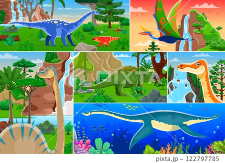 Prehistoric dinosaur and reptile characters collage. Funny dino animal vector personages in jurassic jungle and ancient ocean. Cartoon cute avaceratops, plesiosaurus, diplodocus and bagaceratops Prehistoric dinosaur and reptile characters collage. Funny dino animal vector personages in jurassic jungle and ancient ocean. Cartoon cute avaceratops, plesiosaurus, diplodocus and bagaceratops 122797785