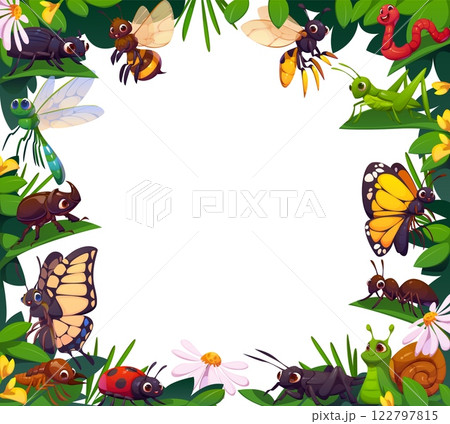 Funny cartoon insects frame with vector butterflies, beetles and bugs characters in flowers wreath. Cute butterfly, ladybug, rhinoceros beetle and grasshopper, ant and snail cricket insects frame Funny cartoon insects frame with vector butterflies, beetles and bugs characters in flowers wreath. Cute butterfly, ladybug, rhinoceros beetle and grasshopper, ant and snail cricket insects frame 122797815