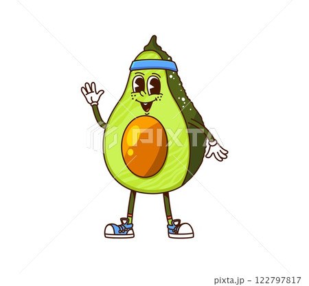 Cartoon groovy avocado vegetable character on fitness sport. Isolated vector veggie sportsman with retro headband and sneakers, waving happily, bringing fresh, energetic vibe, promoting healthy living Cartoon groovy avocado vegetable character on fitness sport. Isolated vector veggie sportsman with retro headband and sneakers, waving happily, bringing fresh, energetic vibe, promoting healthy living 122797817