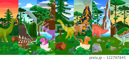 Cartoon prehistoric dinosaur characters collage of jurassic reptiles and cute dino babies in eggs. Vector brontosaurus, camptosaurus and eoraptor, lotosaurus and wuerhosaurus dinosaurs in forest 122797845