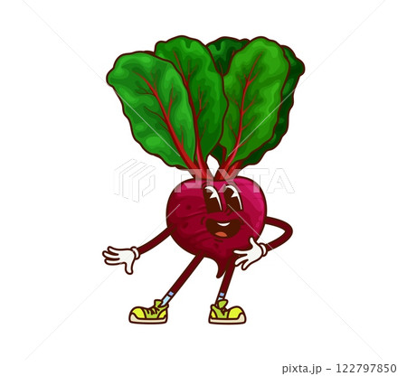 Groovy cartoon beet vegetable character on holiday party. Vegetarian food fresh vegetable isolated groovy vector cute character. Kids party ripe beetroot veggie funny mascot or cheerful personage 122797850