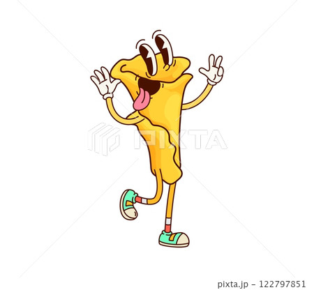 Campanelle Italian pasta groovy funny character. Campanelle tasty gourmet groovy character, Italy cuisine menu noodle dish or Italian restaurant classic meal retro hippie isolated vector funny mascot 122797851