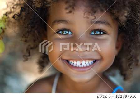 Smiling black child close-up evoking joy. Neural network AI generated 122797916