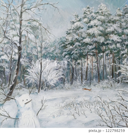 Winter landscape with a snowman, oil painting 122798259