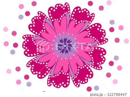 A vibrant pink flower design adorned with white polka dots, surrounded by colorful dots, creating a playful and cheerful aesthetic. A vibrant pink flower design adorned with white polka dots, surrounded by colorful dots, creating a playful and cheerful aesthetic. 122798447