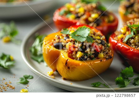 Vibrant quinoa stuffed peppers on neutral plate. Neural network AI generated 122798657