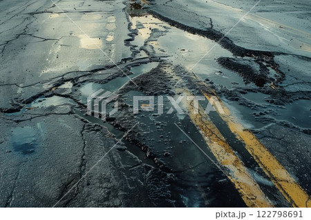 Oil spill reflecting colors on pavement. Neural network AI generated 122798691