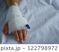 The patient's hand is wrapped in white bandages and has a saline line. 122798972
