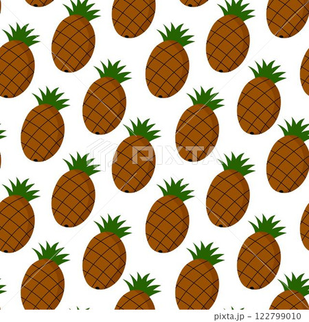 Seamless pattern of brown pineapples with green tops on white background, cartoon flat design. 122799010