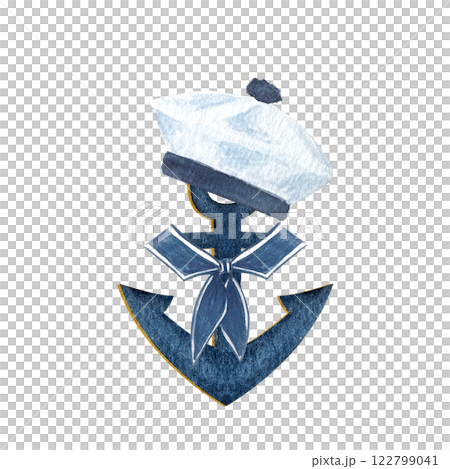 Sailor hat and a collar on an anchor watercolor hand painted composition isolated on white. Navy design element. High quality art perfect for cards, banners, invitations, guides, stationary 122799041