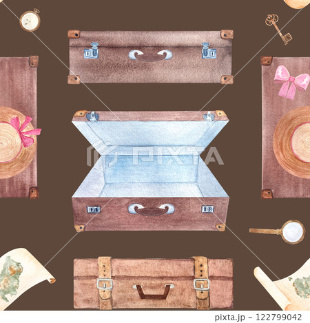 Suitcases, parchment with Australia map, sun hat, magnifying glass watercolor seamless pattern on brown background. Hand drawn for stationary, souvenir decor design, wrapping paper. Vintage clip art 122799042