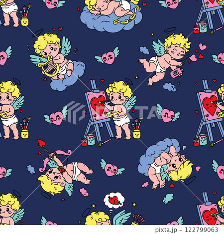 Seamless Valentine's Day pattern with adorable cupids playing harp, painting, shooting arrows, and blowing heart bubbles 122799063
