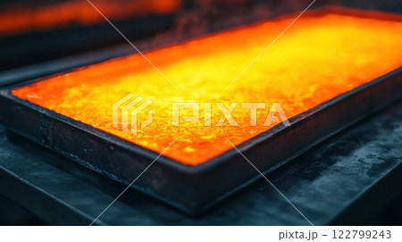 Molding industrial concept. Glowing Molten Glass Being Pressed Into Shape in an Industrial Furnace 122799243