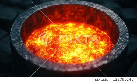 Molding industrial concept. Glowing Molten Metal Swirling Inside an Industrial Furnace Mold 122799246