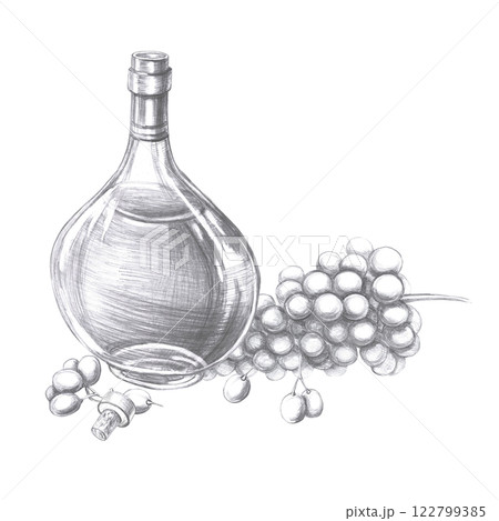 Bottle of cognac and a large bunch of grapes in pencil. Isolated illustration on the theme of alcoholic drinks for menu design, cookbook, gastronomic magazines and festivals. Bottle of cognac and a large bunch of grapes in pencil. Isolated illustration on the theme of alcoholic drinks for menu design, cookbook, gastronomic magazines and festivals. 122799385