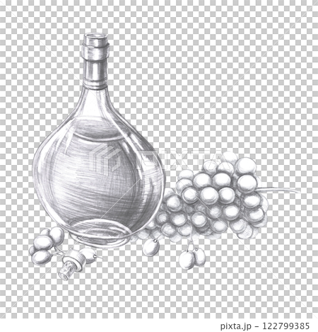 Bottle of cognac and a large bunch of grapes in pencil. Isolated illustration on the theme of alcoholic drinks for menu design, cookbook, gastronomic magazines and festivals. Bottle of cognac and a large bunch of grapes in pencil. Isolated illustration on the theme of alcoholic drinks for menu design, cookbook, gastronomic magazines and festivals. 122799385