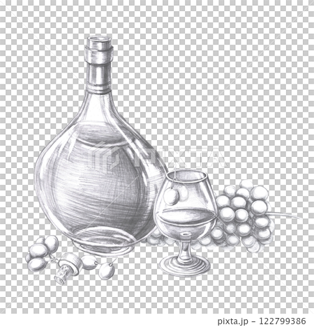 Bottle of cognac, glass and big bunch of grapes in pencil. Isolated illustration on the theme of alcoholic drinks for menu design, cookbook, gastronomic magazines and festivals. Bottle of cognac, glass and big bunch of grapes in pencil. Isolated illustration on the theme of alcoholic drinks for menu design, cookbook, gastronomic magazines and festivals. 122799386