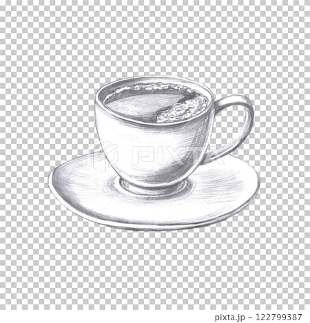 Coffee cup with saucer. Pencil isolated illustration for cafe design, menu design and cookbooks. 122799387