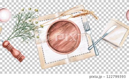 Seamless border with homemade breakfast serving. Isolated watercolor illustration in realistic style on food theme for restaurant design, packaging printing. 122799393