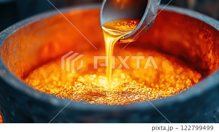 Molding industrial concept. Smooth Molten Metal Flow During Industrial Manufacturing Process 122799499
