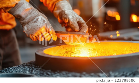 Molding industrial concept. Sparks Fly as Molten Aluminum is Poured into an Industrial Furnace 122799500