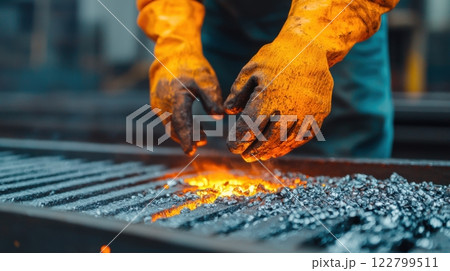 Molding industrial concept. Worker in Heat Resistant Gloves Guiding Molten Metal in Industrial Setting 122799511